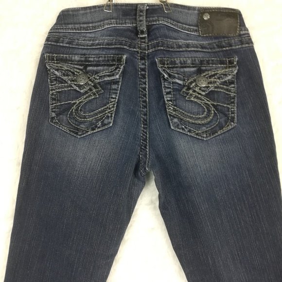 Silver Womens Jeans Suki Surplus Boot Cut Denim Blue Flap Pocket‎ Dark Short 28S - Picture 4 of 12